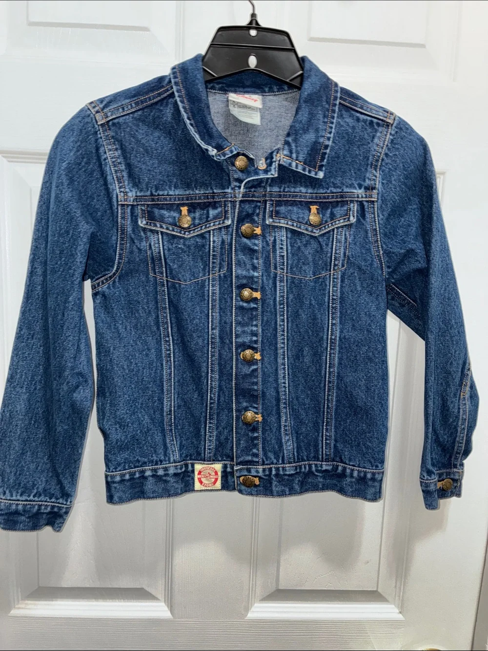 Disney Mickey Mouse Denim JEAN Jacket LARGE Patch Sz 7/8